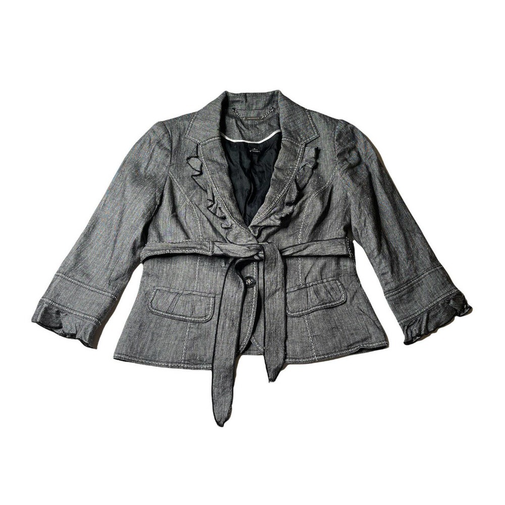 White House Black Market Black Linen Blend Ruffle V Neck Belted Blazer Jacket 6